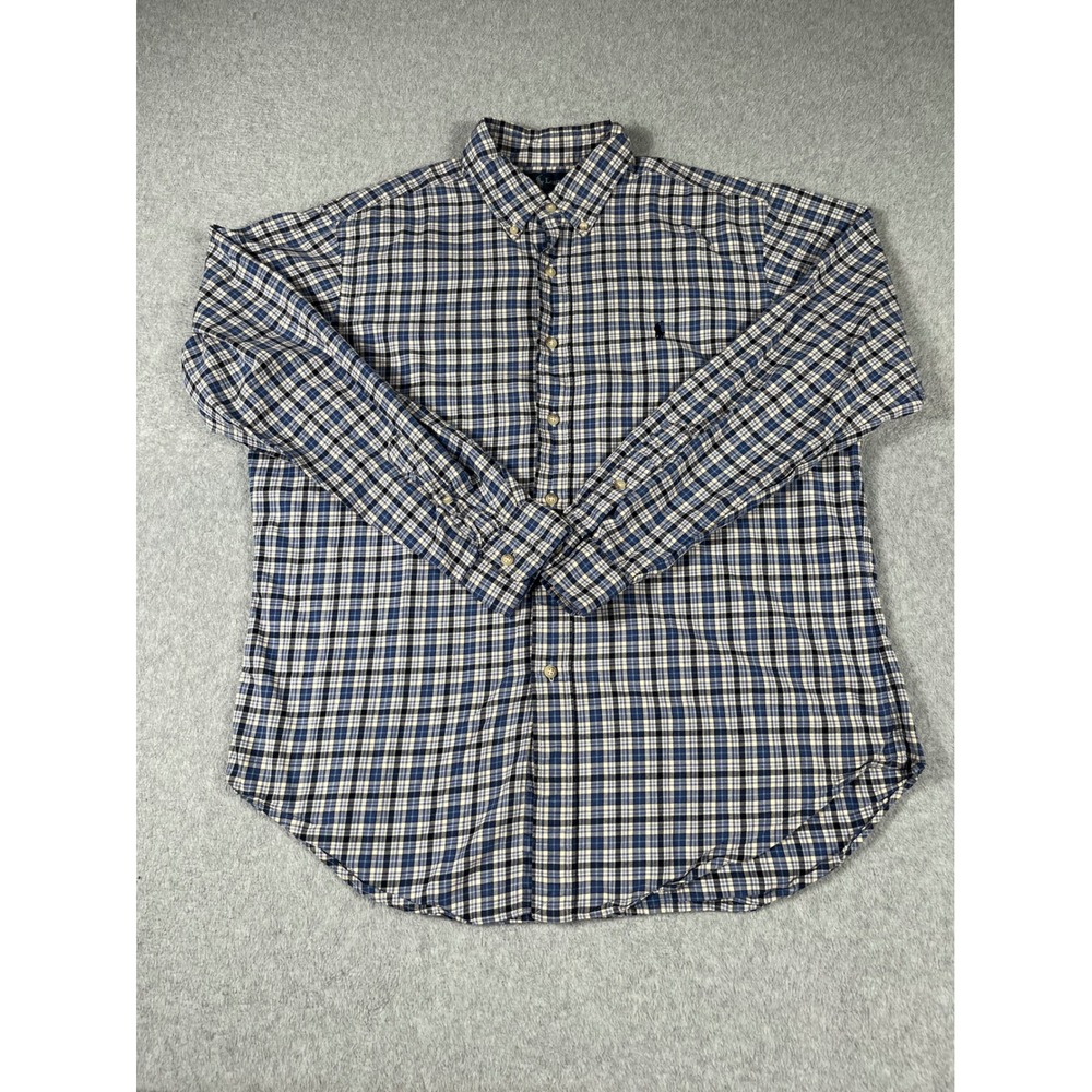 Ralph Lauren Mens Classic Fit Plaid Button Down Shirt Blue Cream Large Cotton